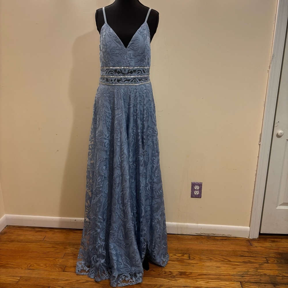 Formal Speechless Light Blue Dress with Lace and Pockets and Leg Slit
